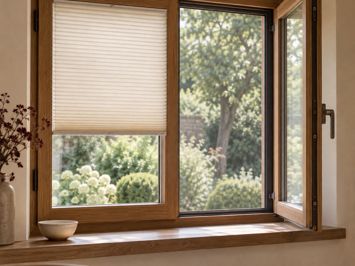 Plissee und Insektenschutz an einem Holzfenster