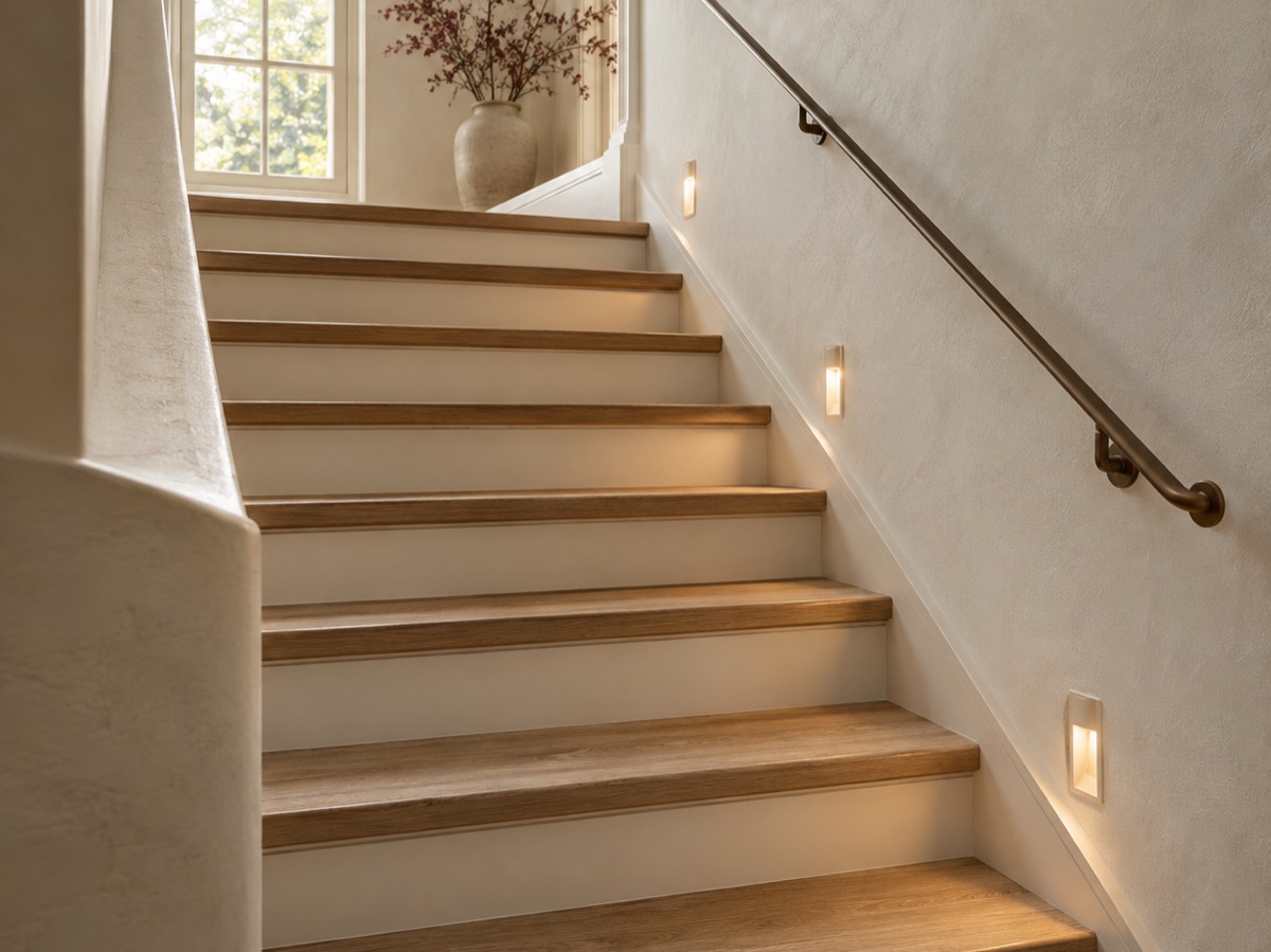 Renovierte Treppe mit Holzstufen und Wandleuchten