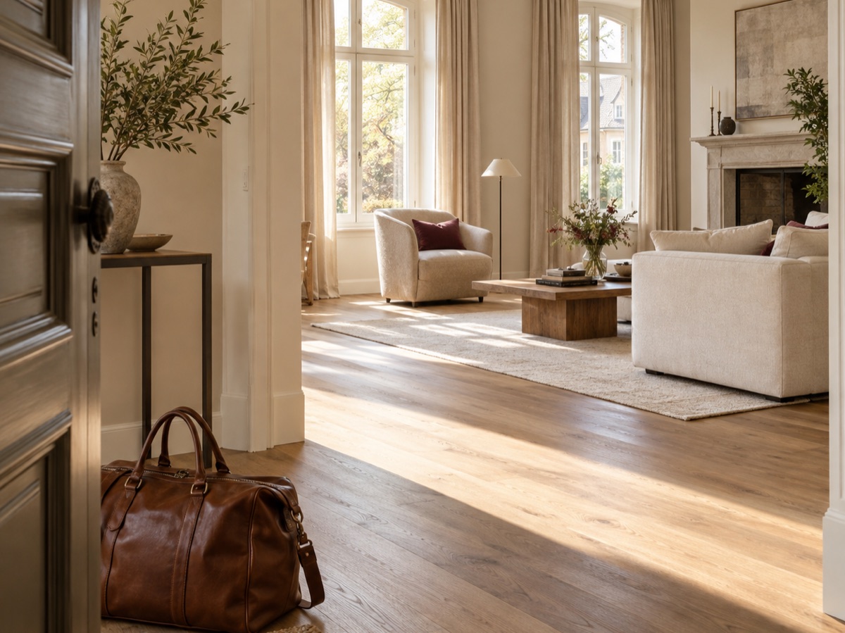 Blick durch die Haustür in ein fertig renoviertes Wohnzimmer, Reisetasche im Flur