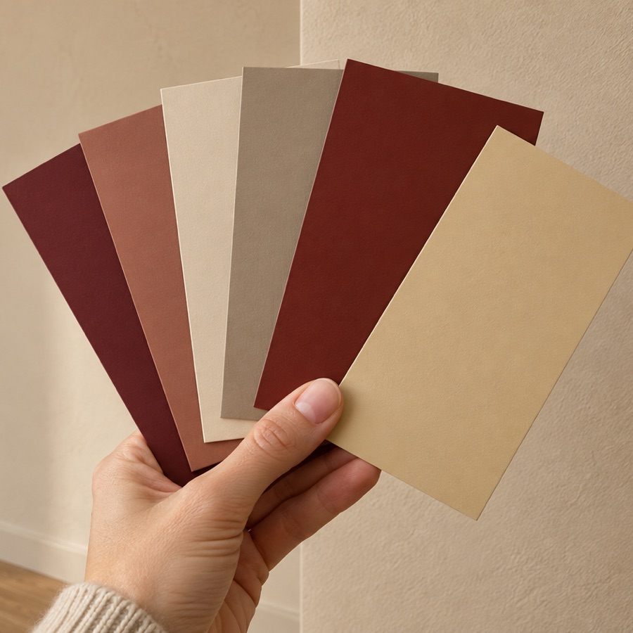 Hand hält aufgefächerte Farbkarten in Weinrot, Terrakotta und Beige vor einer warm getönten Wand